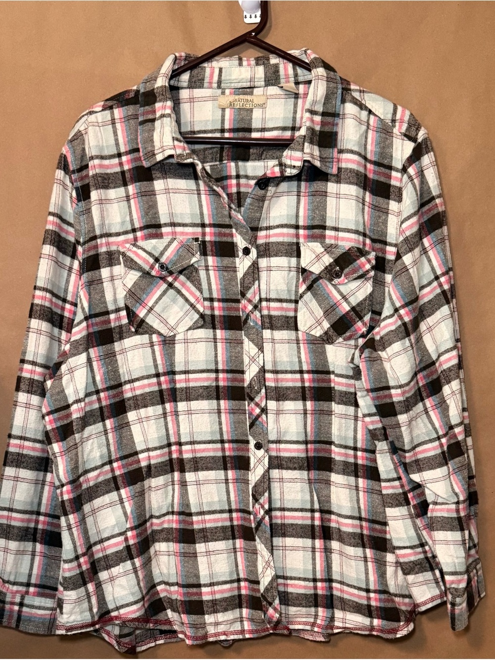 Natural Reflections Plaid Flannel Button Down Shirt Pink Brown White Blue